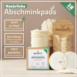 18 wiederverwendbare Premium Abschminkpads | waschbar inkl. Aufbewahrungsbox - Bambuna