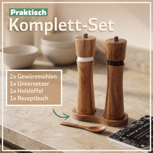 Salz und Pfeffermühlen aus Akazienholz - Gewürzmühle Groß 5 - Teilig | Geschenkset inkl. Rezeptbuch - Bambuna