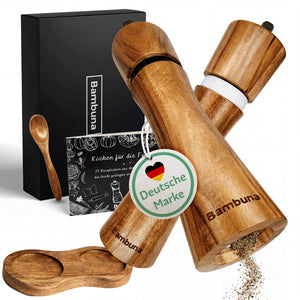 Salz und Pfeffermühlen aus Akazienholz - Gewürzmühle Groß 5 - Teilig | Geschenkset inkl. Rezeptbuch - Bambuna